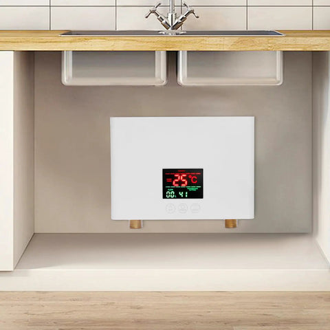 Hassle Free 3000W Electric Tankless Water Heater For Under Sink Mount with digital display, installed under kitchen sink.
