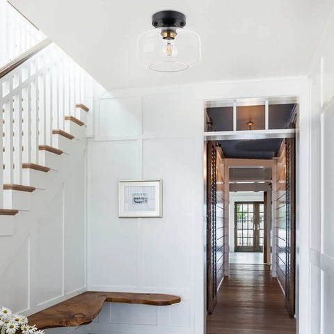 Semi Flush Mount Ceiling Light With Matte Black Finish And 8.66 Inch Clear Hand Blown Glass Shade in modern entryway