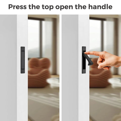 Demonstrating operation of Matte Black Flush Mount Pocket Door Pull Handle with Edge Pull for sliding doors self retracting mechanism.