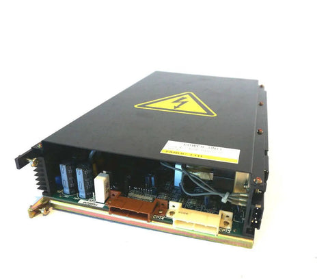 Beefy A20B 1000 07708 Power Supply Unit For CNC Controls, Ready To Drop In, Complete Assembly, Used Good Condition, Industrial Grade Power Module With Solid Performance And Easy Plug In Setup. Black metal CNC power supply unit with warning symbol, 7 lb.