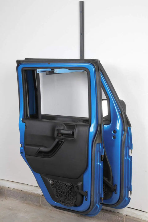 Jeep Door Wall Mount Storage Rack That Holds Up To 150 Lbs Fold Flat When Not In Use Ready To Install Includes Self Tapping Screws Heavy Duty Hanger For Jeep Doors And All Your Hanging Gear Black storing blue Jeep doors