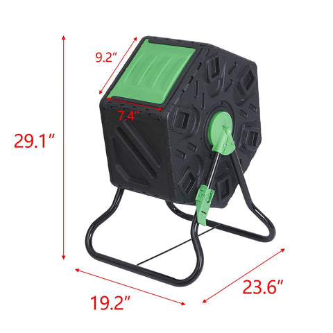 Compost Tumbler Bin With Sliding Doors, 18.5 Gallon Rotating Chamber, Portable Outdoor Garden Compost Bin For Kitchen And Yard Waste, Built Tough From PP And Steel dimensions illustration