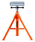 Built Tough Heavy Duty Roller Stand With Adjustable Height From Twenty Seven To Fifty Two Inches For Woodworking And Metalworking Outfeed Table. Orange and silver construction with roller top, adjustable height.