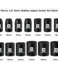13 Piece 3/8 Inch Drive Shallow Impact Socket Set Includes 7mm To 19mm Metric 6 Point CR-V Steel High Torque Radius Corner Sockets Drop Forged Black Phosphate Finish For Heavy Duty Auto Repairs arranged in a row