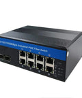 Industrial Switch 8-Port Gigabit Ethernet With PoE 240W Total, 2 SFP Ports, front view showcasing ports and rugged design.