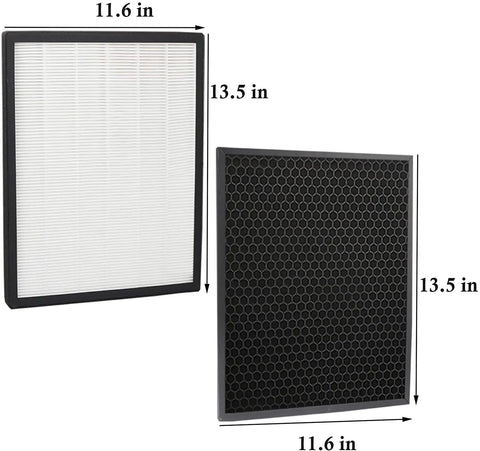 Replacement Filter Set For Levoit LV-PUR131 Series Air Purifiers showing white HEPA and black activated carbon filters with dimensions