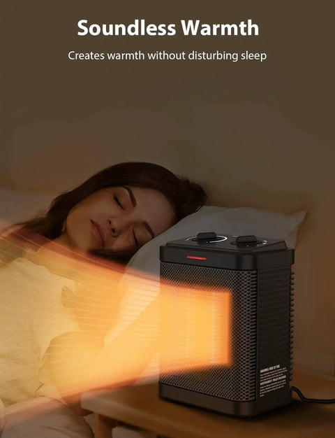 1500W Small Space Heater For Indoor Use With PTC Ceramic Heating Thermostat Three Modes Quiet Safe Heat No Fuss Portable Desk And Office Room Heater For Cozy Spaces providing soundless warmth by bedside