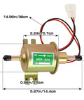 Diagram of 12V Inline Low-Pressure Fuel Pump Go-To Transfer Pump for Gasoline and Diesel Engines, showing dimensions and connectors.