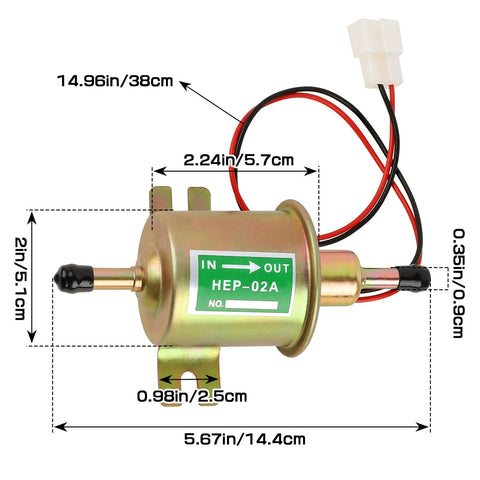 Diagram of 12V Inline Low-Pressure Fuel Pump Go-To Transfer Pump for Gasoline and Diesel Engines, showing dimensions and connectors.