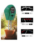 3 In 1 Soil Moisture Meter With Light And PH Sensor For Indoor And Outdoor Garden Use Battery Free No Power Hassle Perfect For Houseplants Veggie Beds Lawn And Patio Gardens shown in a planter with analog display gauges.