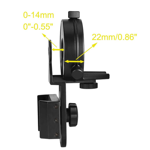 Side view of Phone Mount Adapter For Spotting Scopes And Binoculars, Quick Align And Easy Setup, showing dimensions and knobs.
