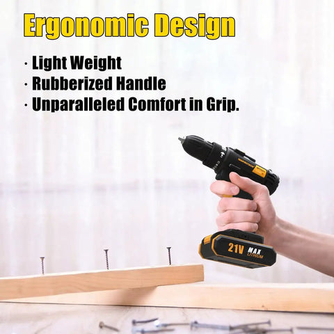 Person using 21V Cordless Drill Set With Two Batteries And Charger on wood, showing ergonomic design and rubberized handle.