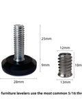 Heavy-Duty 5/16 Inch Threaded Leveling Feet For Furniture Screw On Adjustable Leg Levelers With 5/16-18 UNC Thread 28mm Teflon Nylon Base Foot Pads Set Of 16 For Tables Chairs And Bar Stools shown with measurements