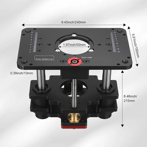 Shop Ready Precision Router Lift Base With Smooth Height Adjust Insert Plate For Woodworking Tables Micro Tuned Down To 1/64 Inch Dead Nuts Stable Pro Grade Hardware top view with measurements shown.