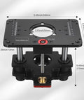 Heavy Duty Aluminum Killer Precision Router Lift System With Dead Tight Height Adjustments Down To One Sixty Fourth Inch For No Slope Woodworking Inserts top view with measurements