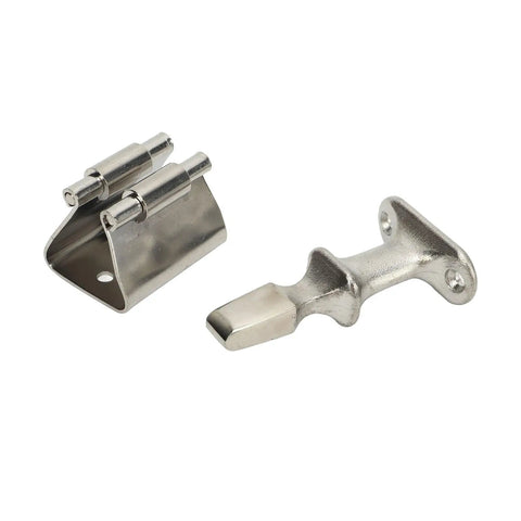 Premium Marine Grade Stainless Steel Boat Door Holder And Stopper Catch With Secure Grip, Rust Resistance, Polished Finish For Yachts Rvs Cabinets Hatches To Keep Doors Shut While Cruising. Image of polished stainless steel door catch and holder.