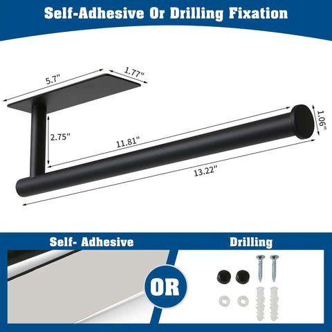 Under Cabinet Paper Towel Holder for Kitchen and Bathroom Wall Mounted Matte Black SUS304 Stainless Steel Self-Adhesive or Drilling Fixation