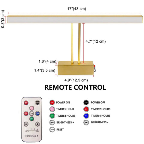 Rechargeable Picture Light With Remote And Timer For Wall Photo Frames 17 Inch LED Display Lamp Rotatable Head dimensions