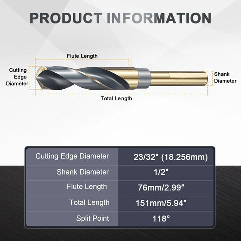 uxcell 23/32 in drill bit with 1/2 in shank, high-speed steel, black and gold finish, 118° split point
