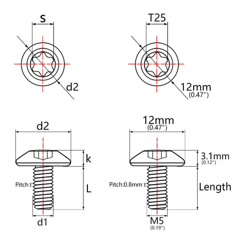 Titanium button Torx head bolt M5x15mm, bicycle/motorcycle hardware, pack of 4; front and side dimension diagrams