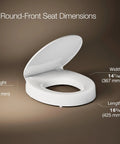 Hyten 3 Inch Elevated Soft Close Round Toilet Seat with dimensions shown on a brown background.