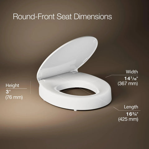 Hyten 3 Inch Elevated Soft Close Round Toilet Seat with dimensions shown on a brown background.
