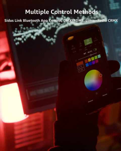 Pro Grade RGBWW LED Video Light Panel For Cameras app control interface with color wheel on smartphone screen