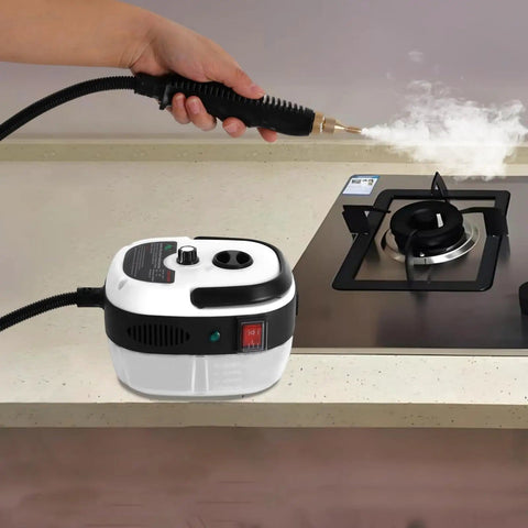 Powerful 2500W Handheld Steam Cleaner With 6 Adjustable Levels And 1L Water Tank in use on kitchen stovetop