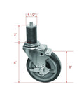 Expanding Stem Caster With Side Brake For Commercial Kitchen Prep Tables, 3-Inch Polyurethane Wheel, shown with dimensions.