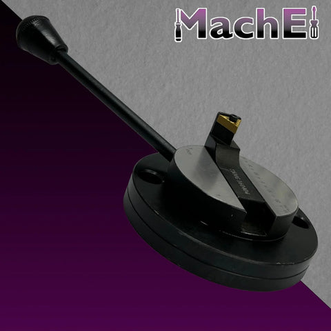 Amazon ball turning attachment for lathe; black circular base with adjustable cutter, side view