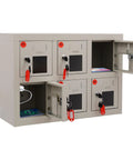 Heavy Duty Steel Cell Phone Locker With Integrated Charging Station And Secure Keys Built Like A Tank showing six compartments with keys.