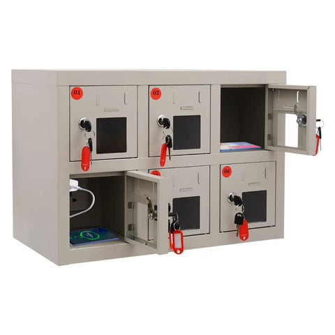 Heavy Duty Steel Cell Phone Locker With Integrated Charging Station And Secure Keys Built Like A Tank showing six compartments with keys.