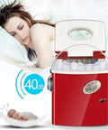Rock Solid Countertop Ice Maker With Quick Freeze Cycle And No Sweat Self Clean Routine Heavy Duty Plastic Build featuring red color and clear lid.