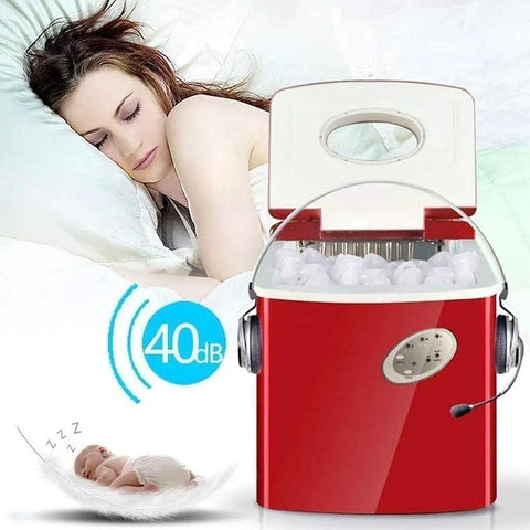 Rock Solid Countertop Ice Maker With Quick Freeze Cycle And No Sweat Self Clean Routine Heavy Duty Plastic Build featuring red color and clear lid.