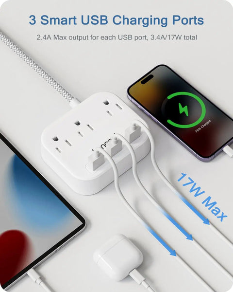 2 Prong To 3 Prong Outlet Adapter With A 6.6 Ft Braided Extension Cord and USB ports charging devices