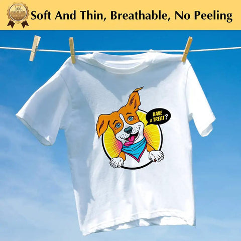 White T-shirt with dog design printed using Light 1.0 Heat Transfer Paper For T Shirts, 20 Sheets 8.5 By 11 Inches