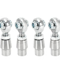 Four Piece Five Eighths Inch Eighteen Thread Heim Joint Rod End Kit With Spacers, chrome rod ends showing the machined detail.