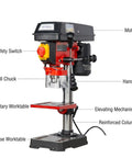 Rock Solid Benchtop Drill Press Eight Inch Swing Five Speed Motor One Half Inch Steel Chuck with safety switch and elevating mechanism.