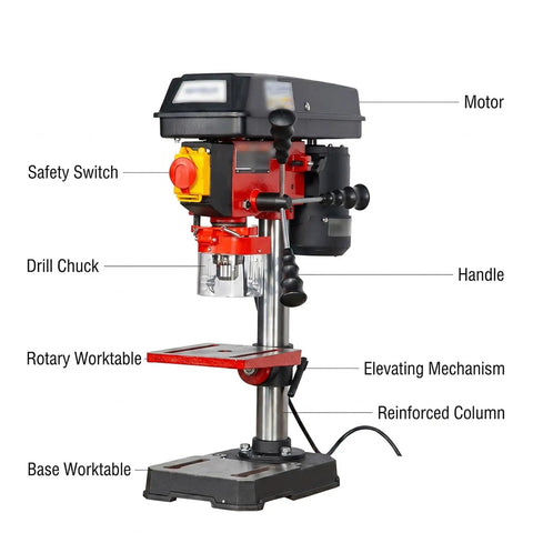 Rock Solid Benchtop Drill Press Eight Inch Swing Five Speed Motor One Half Inch Steel Chuck with safety switch and elevating mechanism.