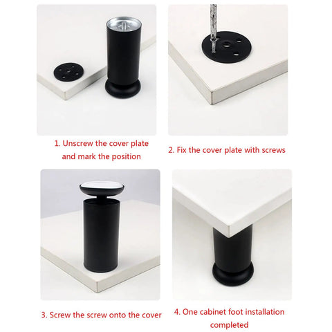 Installation steps of modern metal furniture legs with adjustable leveling feet for sofa, couch, chair, ottoman, cabinet, and table.