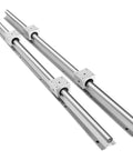 Rock Solid SBR16 Linear Rail Kit With Two 800mm Guide Ways And Four SBR16UU Bearing Blocks showing stainless steel rails and blocks.