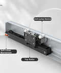 Concealed Sliding Barn Door Hardware Kit With Soft Close Mechanism And Invisible Floor Track, close-up view of top roller and anti-jump device.