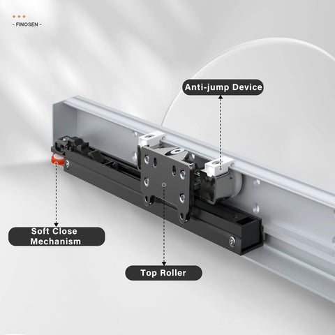 Concealed Sliding Barn Door Hardware Kit With Soft Close Mechanism And Invisible Floor Track, close-up view of top roller and anti-jump device.