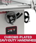 Heavy Duty 10 Inch Table Saw Pumping Out 3 Hp At 230 V With Rock Solid Cast Iron Wings For Knockout Precision Across A Massive 50 Inch Rip Distance And Smooth Operator Xacta Fence Setup showing chrome-plated heavy-duty handwheels.