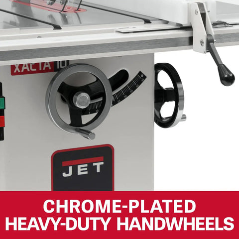 Heavy Duty 10 Inch Table Saw Pumping Out 3 Hp At 230 V With Rock Solid Cast Iron Wings For Knockout Precision Across A Massive 50 Inch Rip Distance And Smooth Operator Xacta Fence Setup showing chrome-plated heavy-duty handwheels.