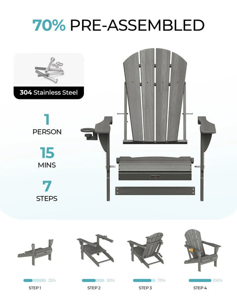 Easy Fold Adirondack Chair Built For Chill Outdoor Vibes With Wood Texture Finish Weather Resistant Plastic HDPE 70% Assembled