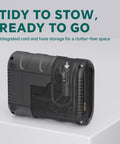 Back view of Portable 12V Tire Inflator With Analog Gauge, 100 PSI Quick Air Pump showing cord and hose storage