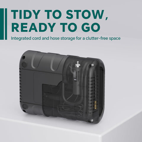 Back view of Portable 12V Tire Inflator With Analog Gauge, 100 PSI Quick Air Pump showing cord and hose storage