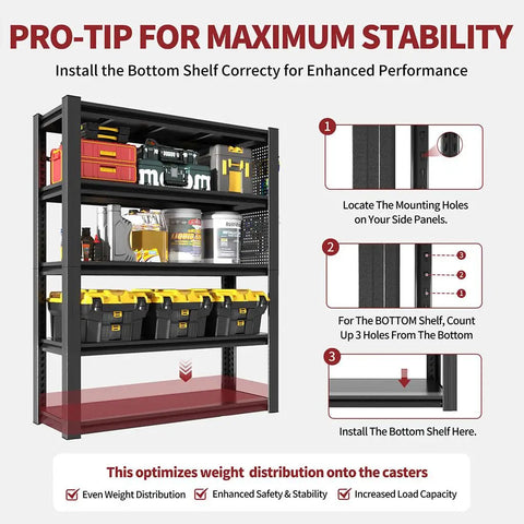 Pro tip for maximum stability on Rock Solid Heavy Duty Garage Shelving Built Like A Tank For Two Thousand Pound Loads setup instructions.