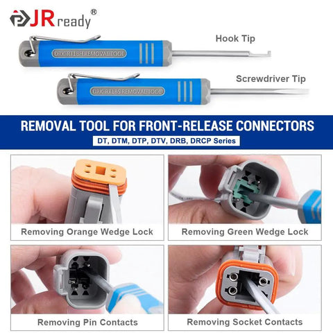 Deutsch Connector Tool Kit for DT DTM DTP DTV HD Series with Pin Removal Tool showing use on connectors and wedge locks.